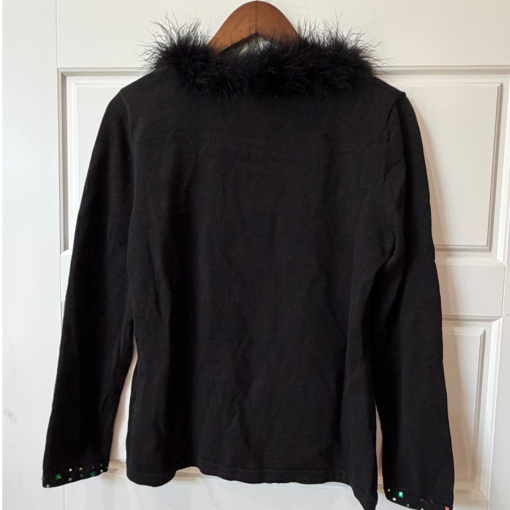 VTG Jack B Quick Black Sequin Christmas Tree Sweater Faux Fur Trim Medium Y2K - Picture 6 of 8